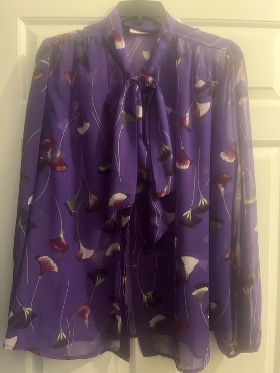 eva mendes for New York & Company Tops - eva mendes for New York & Company Purple Floral Tie-Neck Blouse
